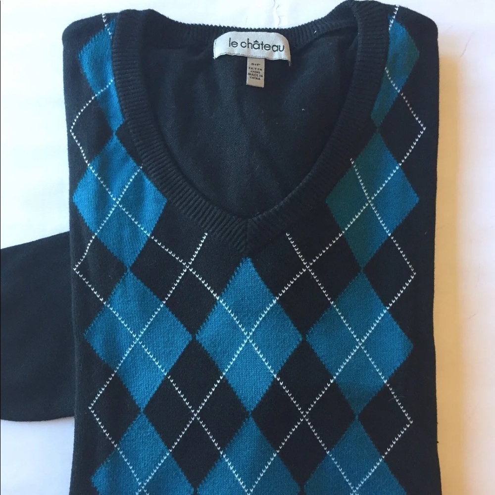 Le Chateau Men V- Neck Sweater Black/ Teal Blue Argyle Print Small